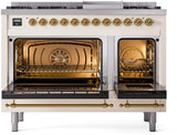 ILVE Nostalgie II 48-Inch Freestanding Natural Gas Dual Fuel Range in Antique White with Brass Trim (UP48FNMPAWG)