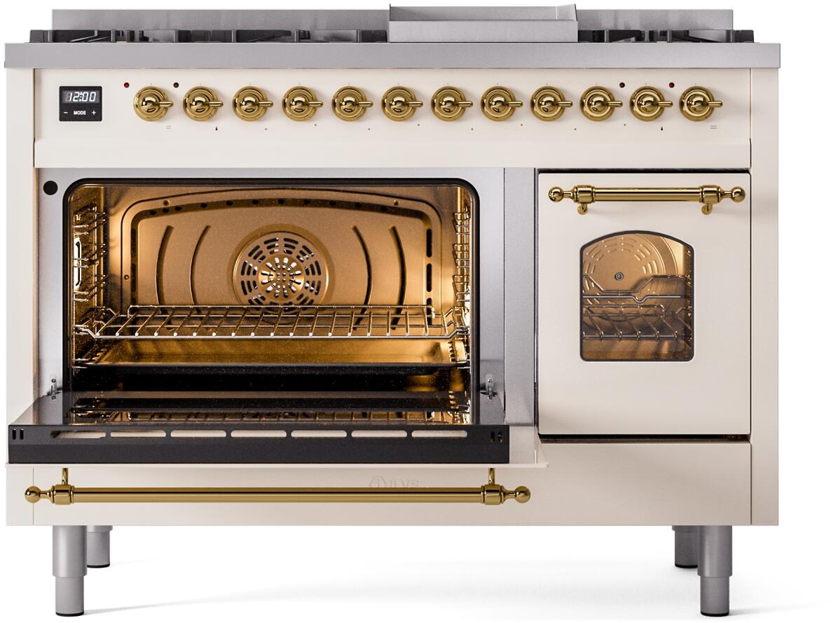 ILVE Nostalgie II 48-Inch Freestanding Natural Gas Dual Fuel Range in Antique White with Brass Trim (UP48FNMPAWG)