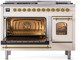 ILVE Nostalgie II 48-Inch Freestanding Natural Gas Dual Fuel Range in Antique White with Brass Trim (UP48FNMPAWG)