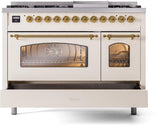 ILVE Nostalgie II 48-Inch Freestanding Natural Gas Dual Fuel Range in Antique White with Brass Trim (UP48FNMPAWG)
