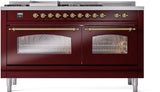 ILVE Nostalgie II 60-Inch Propane Gas Dual Fuel Range with 7 Burners, Griddle, & French Top with Triple Glass Door Oven in Burgundy with Brass Trim (UP60FSNMPBUGLP)