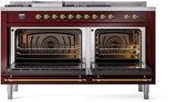 ILVE Nostalgie II 60-Inch Propane Gas Dual Fuel Range with 7 Burners, Griddle, & French Top with Triple Glass Door Oven in Burgundy with Brass Trim (UP60FSNMPBUGLP)
