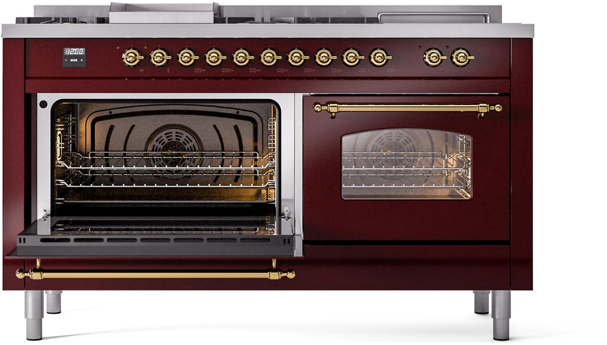 ILVE Nostalgie II 60-Inch Propane Gas Dual Fuel Range with 7 Burners, Griddle, & French Top with Triple Glass Door Oven in Burgundy with Brass Trim (UP60FSNMPBUGLP)