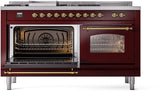ILVE Nostalgie II 60-Inch Propane Gas Dual Fuel Range with 7 Burners, Griddle, & French Top with Triple Glass Door Oven in Burgundy with Brass Trim (UP60FSNMPBUGLP)