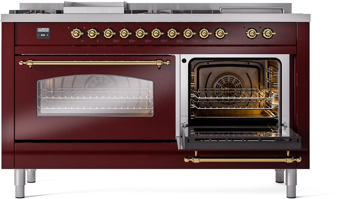 ILVE Nostalgie II 60-Inch Propane Gas Dual Fuel Range with 7 Burners, Griddle, & French Top with Triple Glass Door Oven in Burgundy with Brass Trim (UP60FSNMPBUGLP)