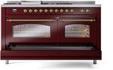 ILVE Nostalgie II 60-Inch Propane Gas Dual Fuel Range with 7 Burners, Griddle, & French Top with Triple Glass Door Oven in Burgundy with Brass Trim (UP60FSNMPBUGLP)