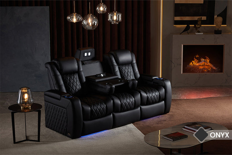 Valencia Tuscany Luxury Console Leather Home Theater Seating Row of 3 Dropdown Center, Onyx