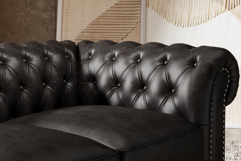 Valencia Parma 92" Full Aniline Leather Chesterfield Three Seats Sofa, Black