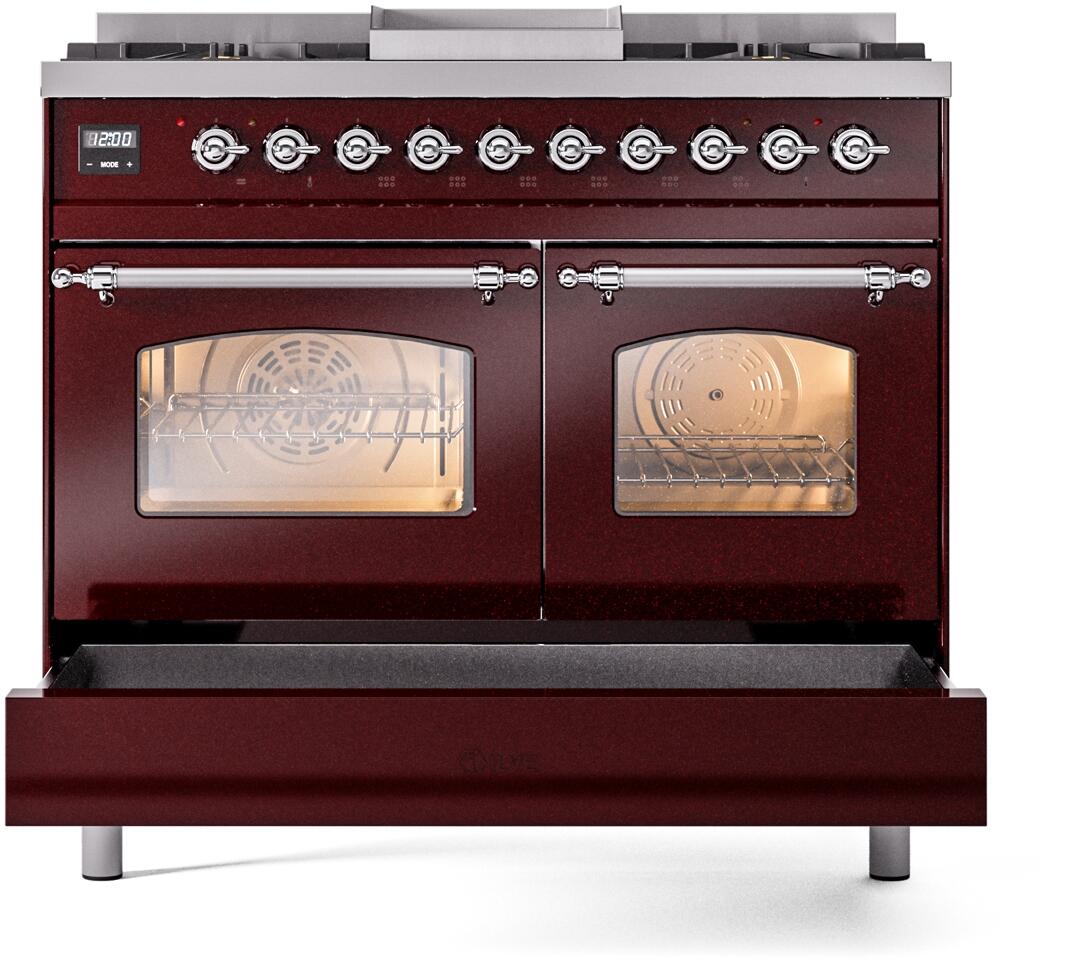 ILVE Nostalgie II 40-Inch Dual Fuel Freestanding Range in Burgundy with Chrome Trim (UPD40FNMPBUCLP)