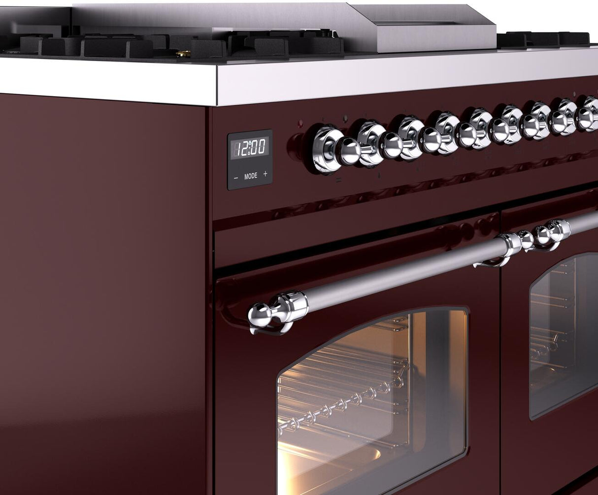 ILVE Nostalgie II 40-Inch Dual Fuel Freestanding Range in Burgundy with Chrome Trim (UPD40FNMPBUCLP)