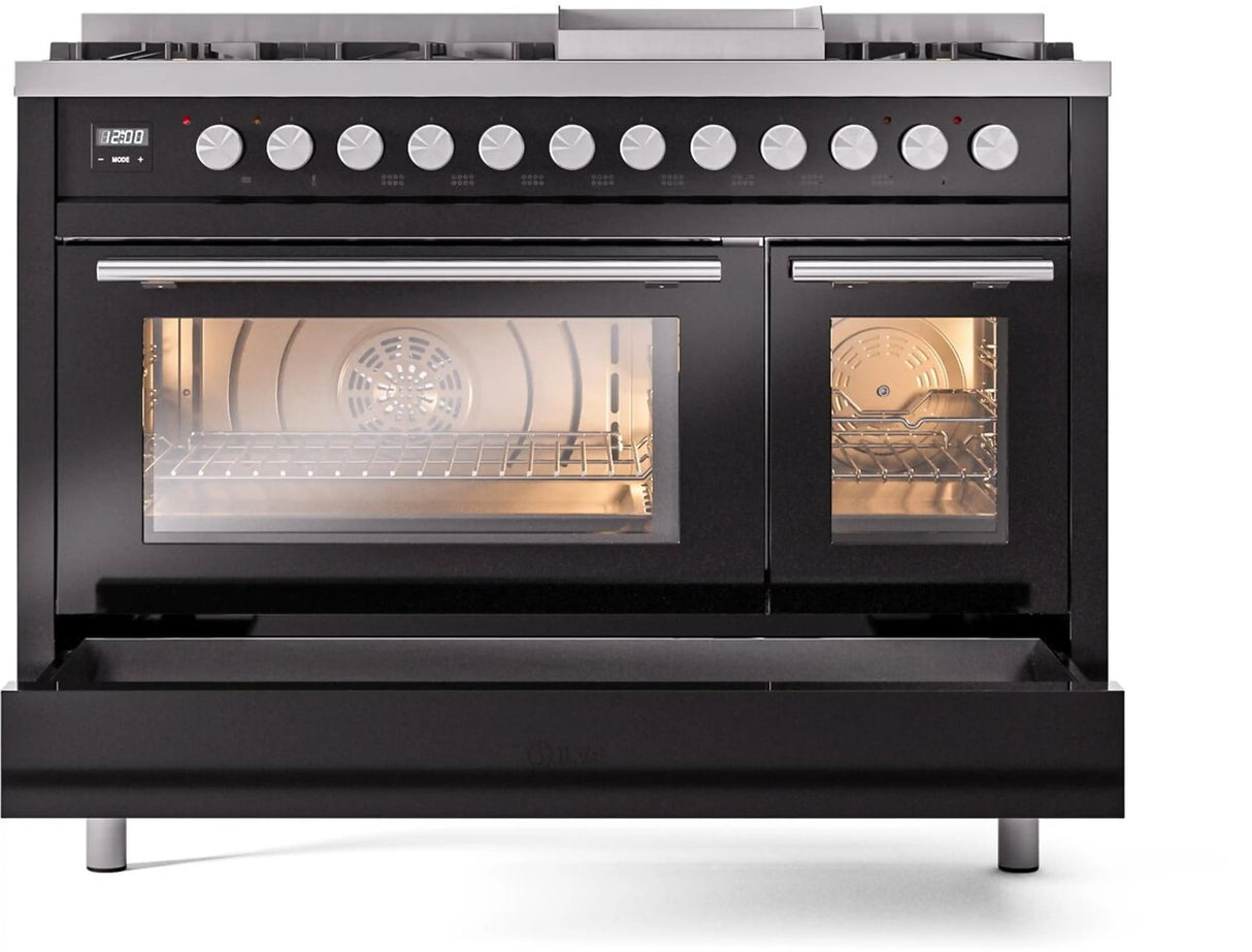 ILVE 48-Inch Professional Plus II Freestanding Propane Gas Dual Fuel Range with 8 Sealed Burner in Glossy Black (UP48FWMPBKLP)