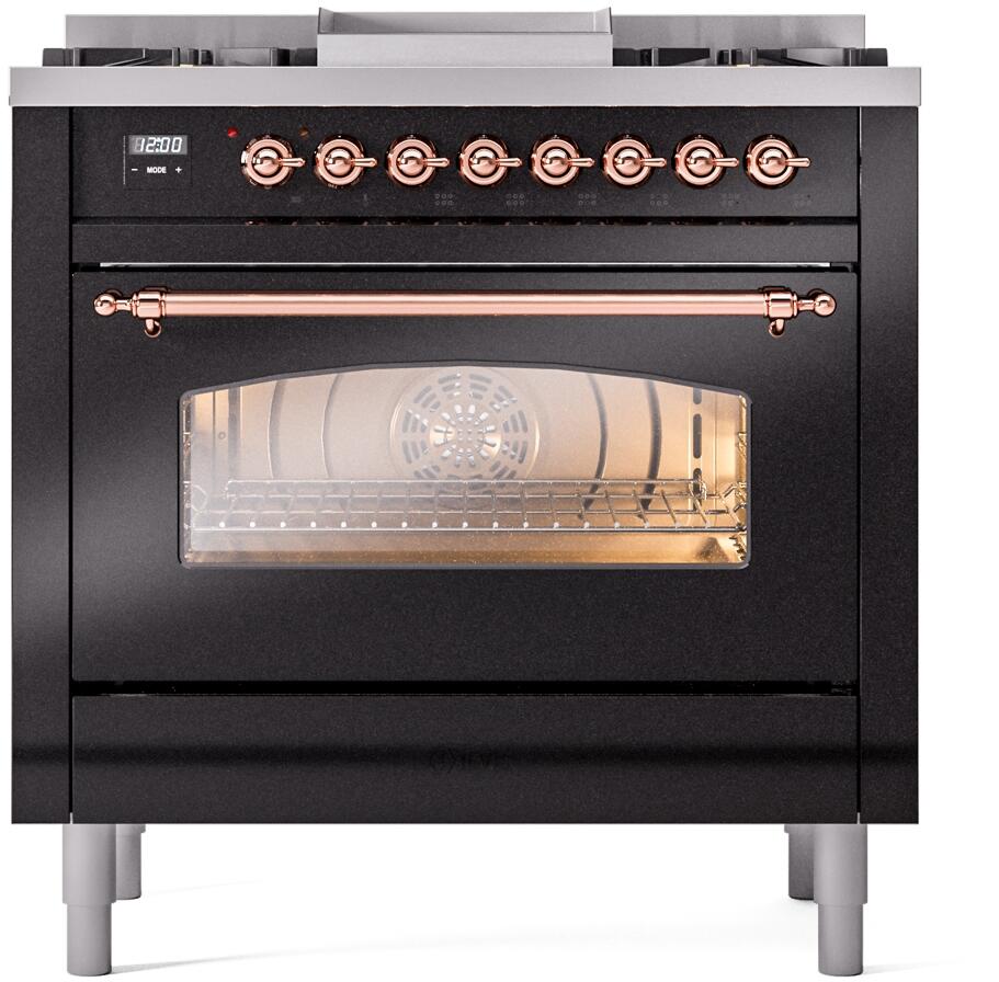 ILVE Nostalgie II 36-Inch Dual Fuel Freestanding Range in Glossy Black with Copper Trim (UP36FNMPBKPLP)