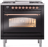 ILVE Nostalgie II 36-Inch Dual Fuel Freestanding Range in Glossy Black with Copper Trim (UP36FNMPBKPLP)