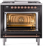 ILVE Nostalgie II 36-Inch Dual Fuel Freestanding Range in Glossy Black with Copper Trim (UP36FNMPBKPLP)