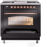 ILVE Nostalgie II 36-Inch Dual Fuel Freestanding Range in Glossy Black with Copper Trim (UP36FNMPBKPLP)