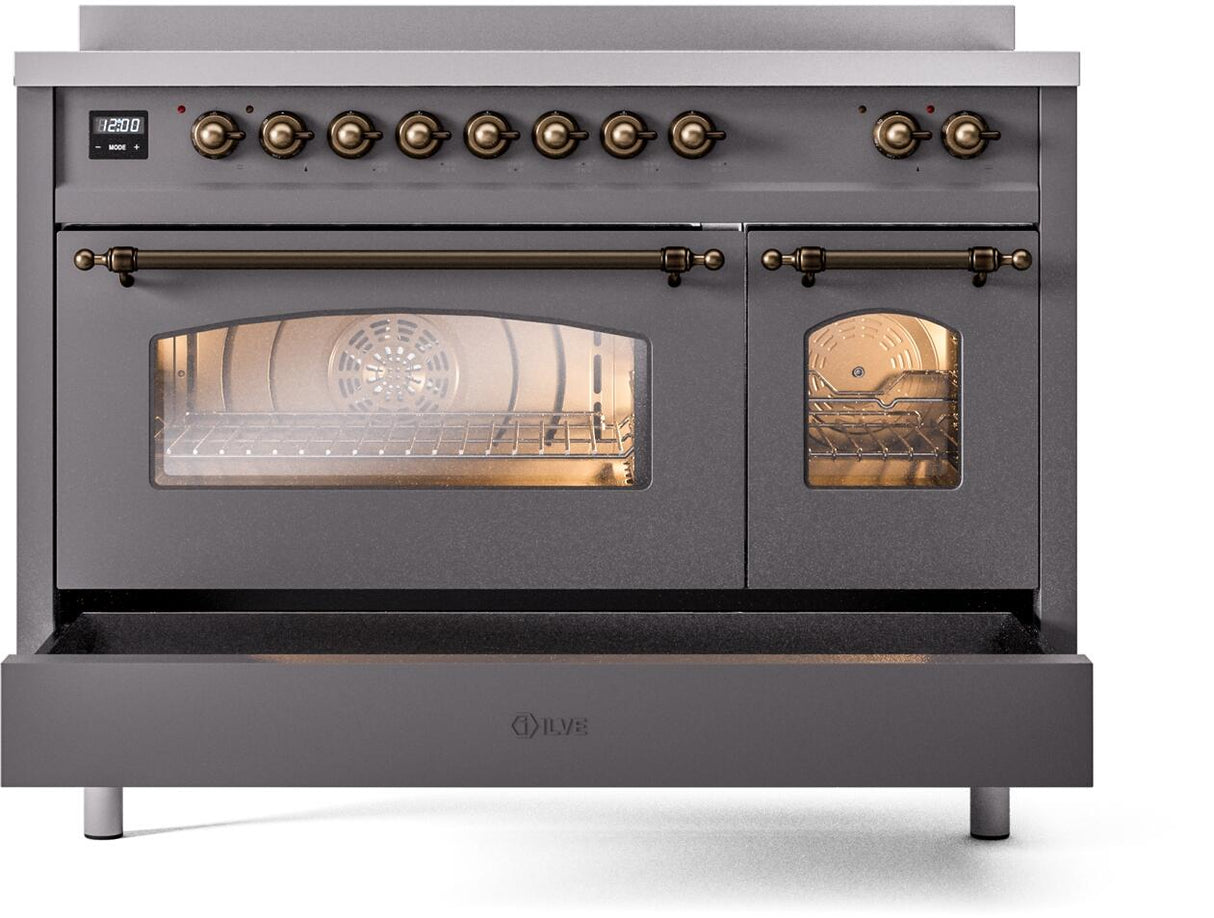 ILVE Nostalgie II 48-Inch Freestanding Electric Induction Range in Matte Graphite with Bronze Trim (UPI486NMPMGB)