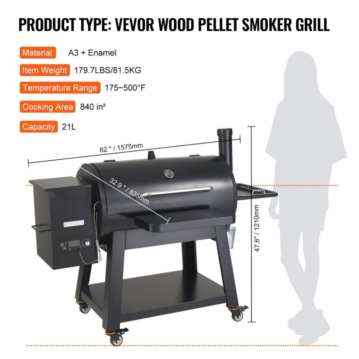 62" Heavy-Duty Portable Wood Pellet BBQ Grill With Cart (SAK91308)