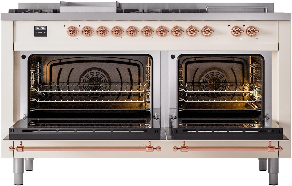ILVE Nostalgie II 60-Inch Natural Gas Dual Fuel Range with 7 Burners, Griddle, & French Top with Triple Glass Door Oven in Antique White with Copper Trim (UP60FSNMPAWP)