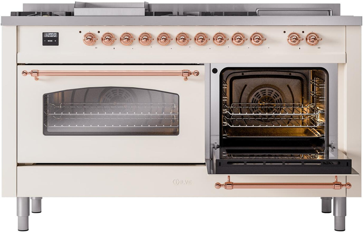 ILVE Nostalgie II 60-Inch Natural Gas Dual Fuel Range with 7 Burners, Griddle, & French Top with Triple Glass Door Oven in Antique White with Copper Trim (UP60FSNMPAWP)