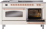 ILVE Nostalgie II 60-Inch Natural Gas Dual Fuel Range with 7 Burners, Griddle, & French Top with Triple Glass Door Oven in Antique White with Copper Trim (UP60FSNMPAWP)