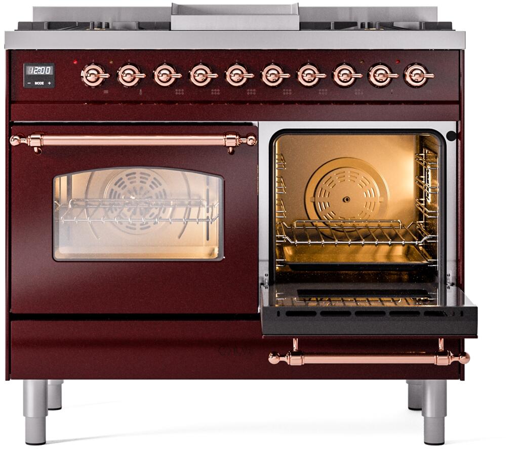 ILVE Nostalgie II 40-Inch Dual Fuel Freestanding Range in Burgundy with Copper Trim (UPD40FNMPBUPLP)