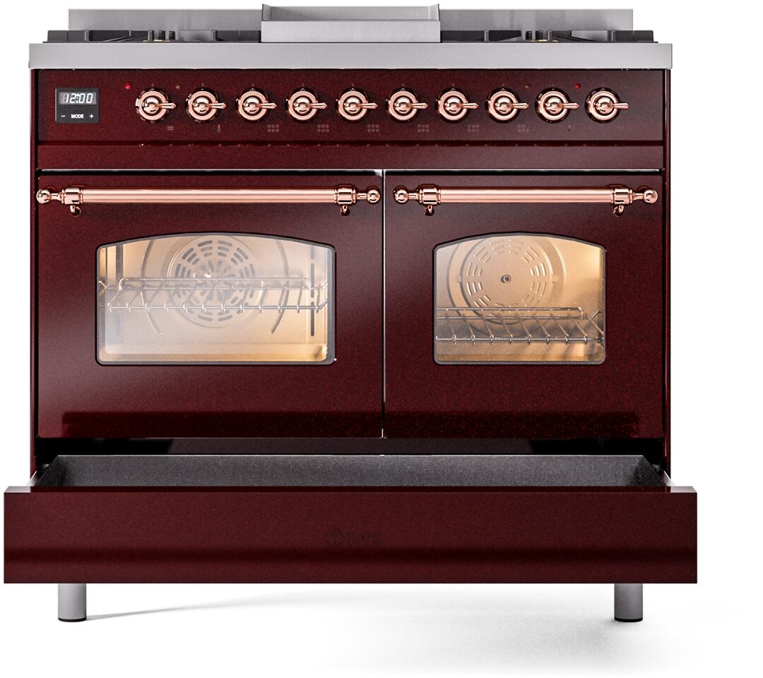 ILVE Nostalgie II 40-Inch Dual Fuel Freestanding Range in Burgundy with Copper Trim (UPD40FNMPBUPLP)