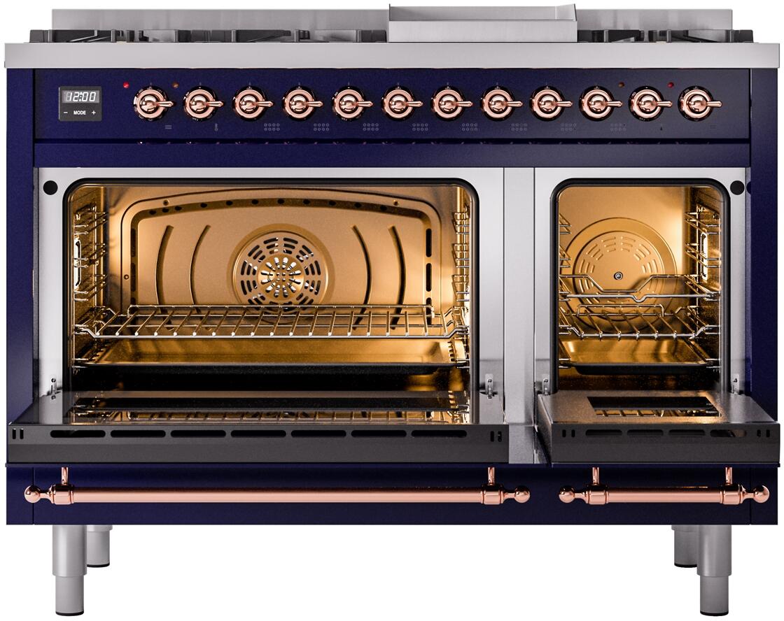 ILVE Nostalgie II 48-Inch Dual Fuel Freestanding Range in Midnight Blue with Copper Trim (UP48FNMPMBPLP)