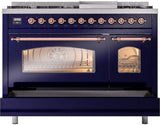 ILVE Nostalgie II 48-Inch Dual Fuel Freestanding Range in Midnight Blue with Copper Trim (UP48FNMPMBPLP)