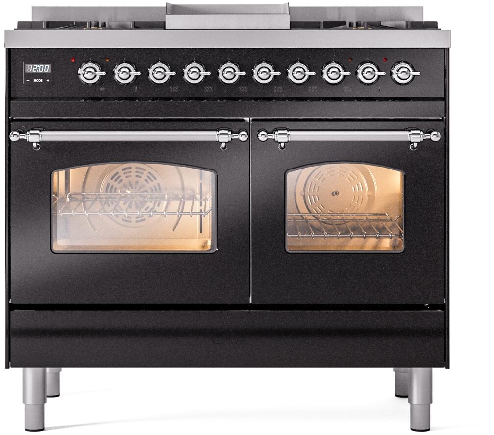 ILVE Nostalgie II 40-Inch Freestanding Natural Gas Dual Fuel Range in Glossy Black with Chrome Trim (UPD40FNMPBKC)