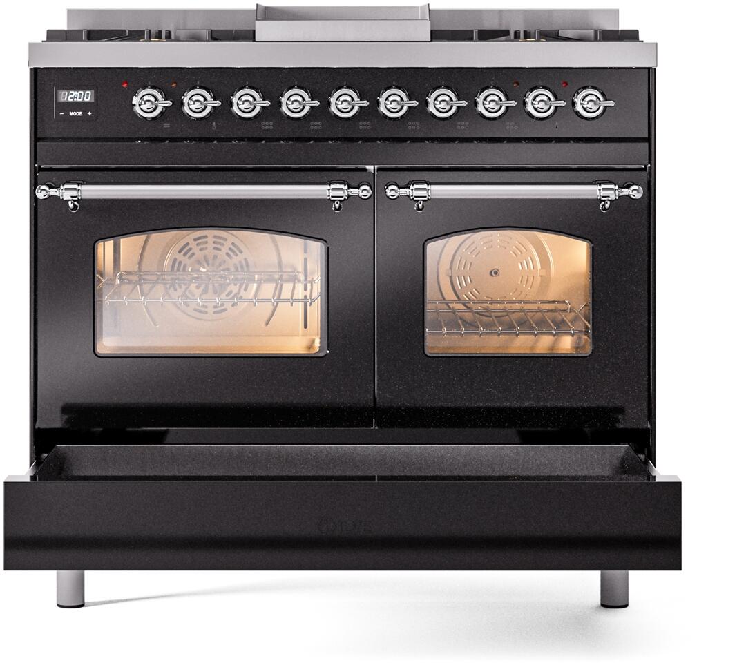 ILVE Nostalgie II 40-Inch Freestanding Natural Gas Dual Fuel Range in Glossy Black with Chrome Trim (UPD40FNMPBKC)