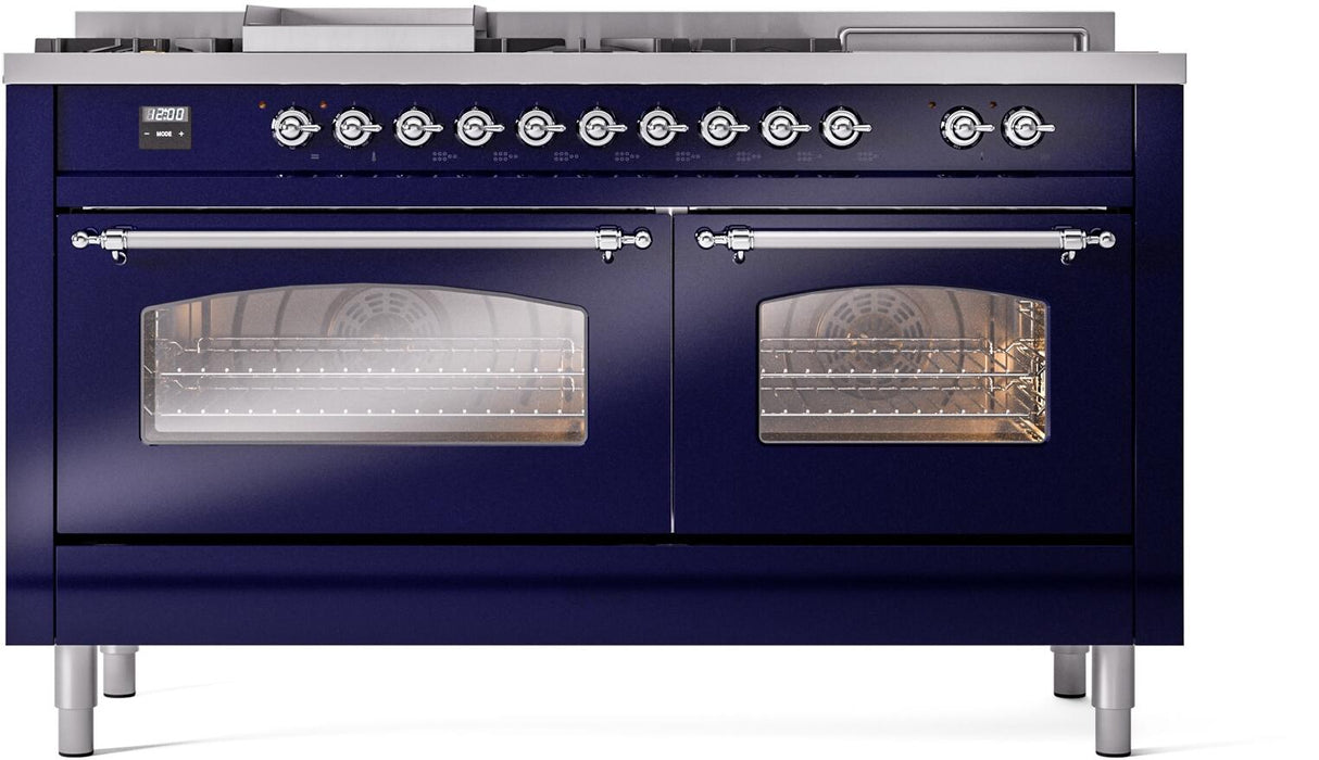 ILVE Nostalgie II 60-Inch Propane Gas Dual Fuel Range with 7 Burners, Griddle, & French Top with Triple Glass Door Oven in Midnight Blue with Chrome Trim (UP60FSNMPMBCLP)