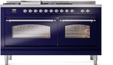 ILVE Nostalgie II 60-Inch Propane Gas Dual Fuel Range with 7 Burners, Griddle, & French Top with Triple Glass Door Oven in Midnight Blue with Chrome Trim (UP60FSNMPMBCLP)