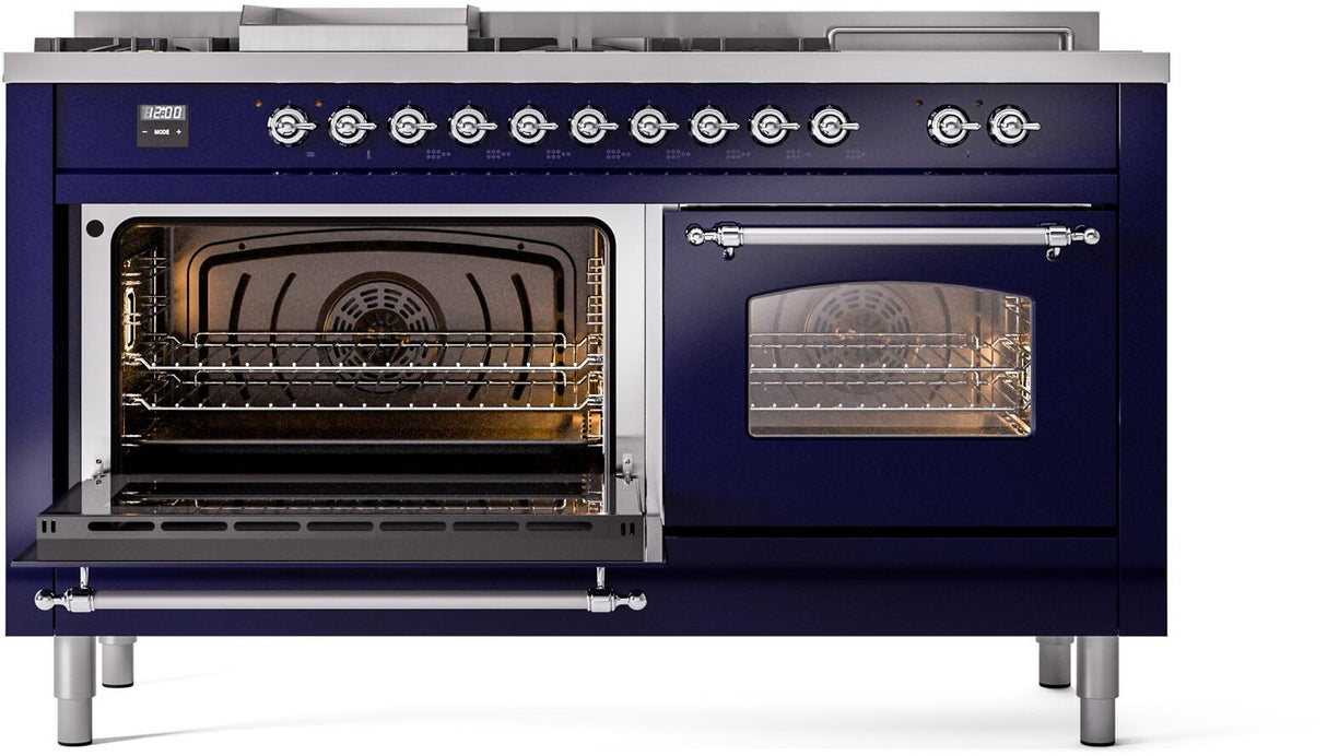ILVE Nostalgie II 60-Inch Propane Gas Dual Fuel Range with 7 Burners, Griddle, & French Top with Triple Glass Door Oven in Midnight Blue with Chrome Trim (UP60FSNMPMBCLP)