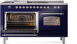ILVE Nostalgie II 60-Inch Propane Gas Dual Fuel Range with 7 Burners, Griddle, & French Top with Triple Glass Door Oven in Midnight Blue with Chrome Trim (UP60FSNMPMBCLP)