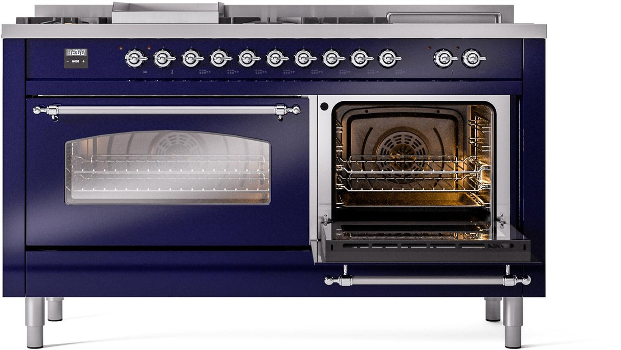 ILVE Nostalgie II 60-Inch Dual Fuel Range with 7 Burners, Griddle, & French Top with Triple Glass Door Oven in Midnight Blue with Chrome Trim (UP60FSNMPMBC)