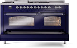 ILVE Nostalgie II 60-Inch Propane Gas Dual Fuel Range with 7 Burners, Griddle, & French Top with Triple Glass Door Oven in Midnight Blue with Chrome Trim (UP60FSNMPMBCLP)