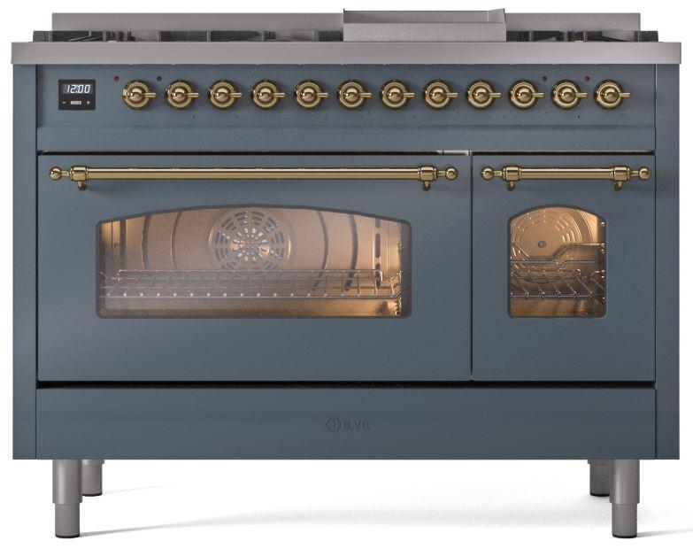 ILVE Nostalgie II 48-Inch Freestanding Natural Gas Dual Fuel Range in Blue Grey with Brass Trim (UP48FNMPBGG)