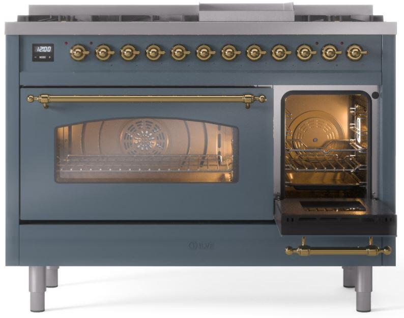 ILVE Nostalgie II 48-Inch Freestanding Natural Gas Dual Fuel Range in Blue Grey with Brass Trim (UP48FNMPBGG)
