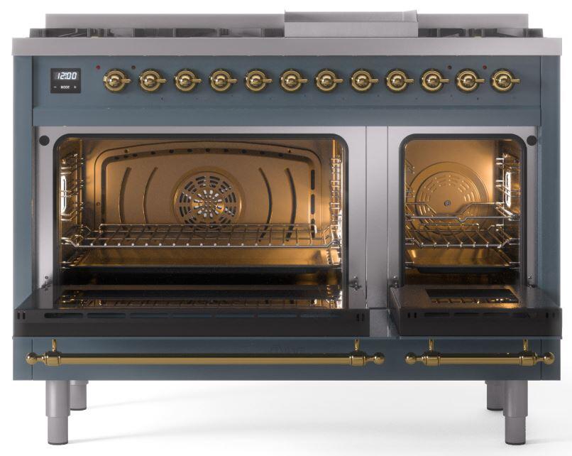 ILVE Nostalgie II 48-Inch Freestanding Natural Gas Dual Fuel Range in Blue Grey with Brass Trim (UP48FNMPBGG)
