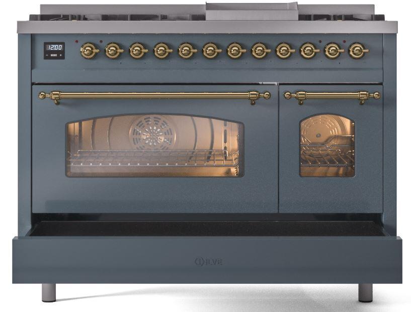 ILVE Nostalgie II 48-Inch Freestanding Natural Gas Dual Fuel Range in Blue Grey with Brass Trim (UP48FNMPBGG)
