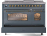 ILVE Nostalgie II 48-Inch Freestanding Natural Gas Dual Fuel Range in Blue Grey with Brass Trim (UP48FNMPBGG)