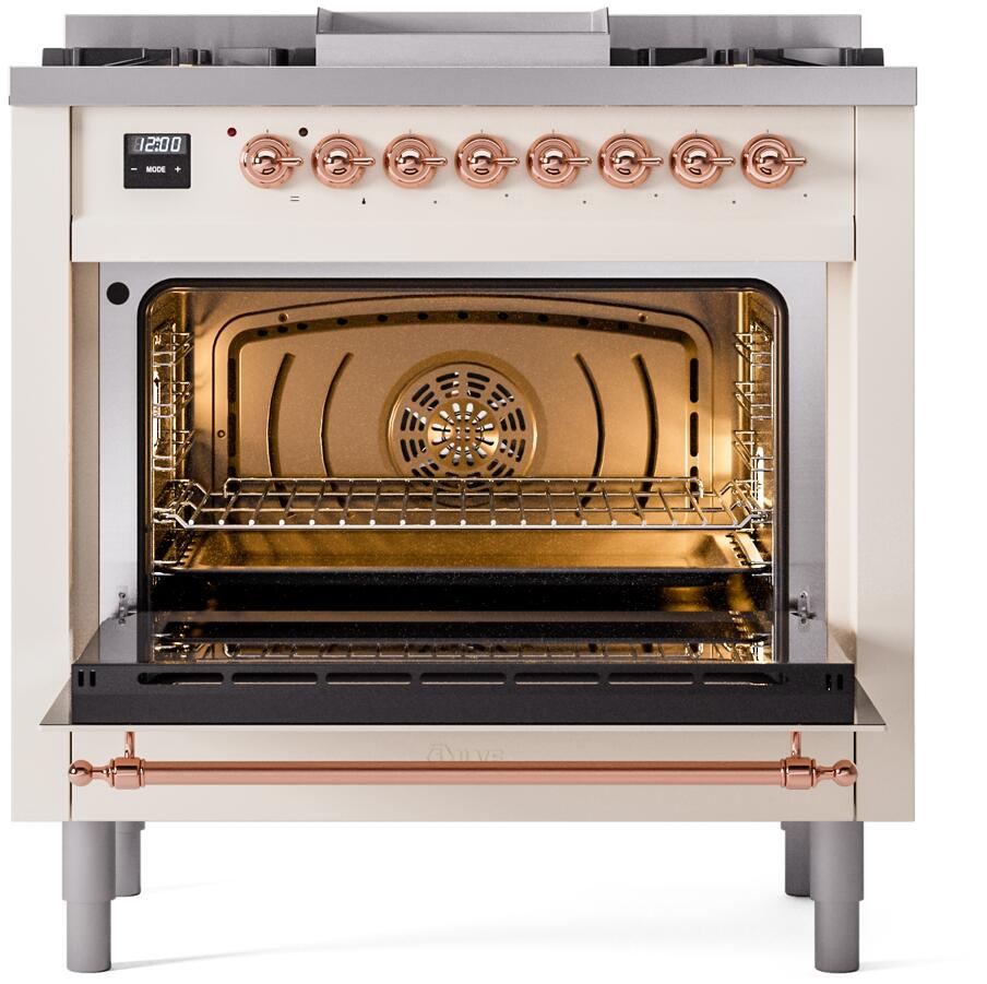 ILVE Nostalgie II 36-Inch Freestanding Natural Gas Dual Fuel Range in Antique White with Copper Trim (UP36FNMPAWP)