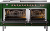 ILVE Nostalgie II 60-Inch Natural Gas Dual Fuel Range with 7 Burners, Griddle, & French Top with Triple Glass Door Oven in Emerald Green with Copper Trim (UP60FSNMPEGP)