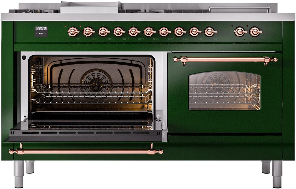 ILVE Nostalgie II 60-Inch Natural Gas Dual Fuel Range with 7 Burners, Griddle, & French Top with Triple Glass Door Oven in Emerald Green with Copper Trim (UP60FSNMPEGP)