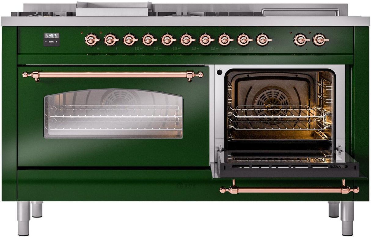 ILVE Nostalgie II 60-Inch Natural Gas Dual Fuel Range with 7 Burners, Griddle, & French Top with Triple Glass Door Oven in Emerald Green with Copper Trim (UP60FSNMPEGP)