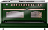 ILVE Nostalgie II 60-Inch Natural Gas Dual Fuel Range with 7 Burners, Griddle, & French Top with Triple Glass Door Oven in Emerald Green with Copper Trim (UP60FSNMPEGP)