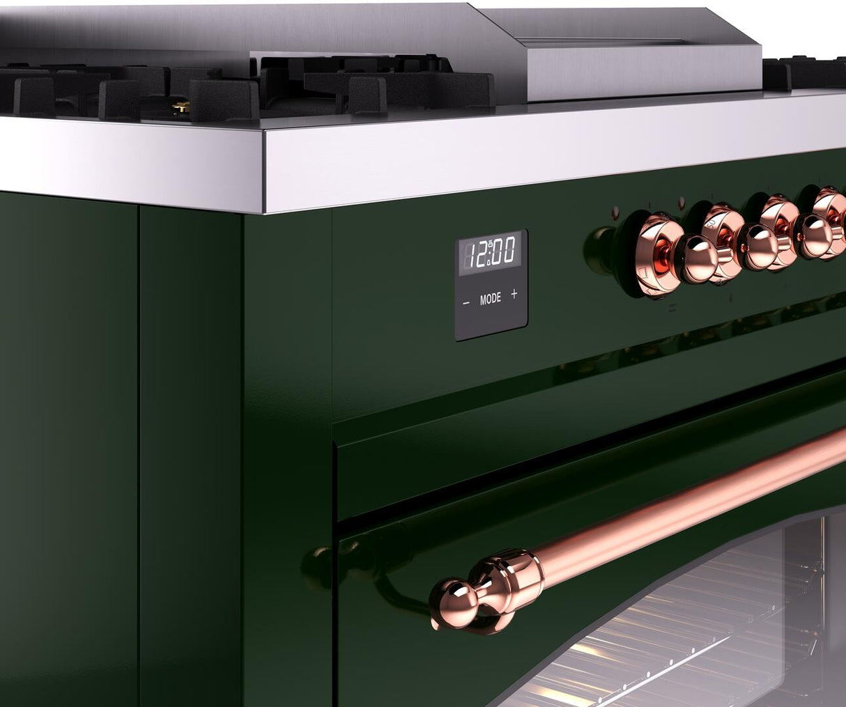 ILVE Nostalgie II 60-Inch Propane Gas Dual Fuel Range with 7 Burners, Griddle, & French Top with Triple Glass Door Oven in Emerald Green with Copper Trim (UP60FSNMPEGPLP)