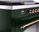 ILVE Nostalgie II 60-Inch Natural Gas Dual Fuel Range with 7 Burners, Griddle, & French Top with Triple Glass Door Oven in Emerald Green with Copper Trim (UP60FSNMPEGP)