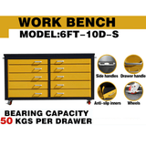 6ft Heavy Duty Mobile Workbench with 10 Drawers