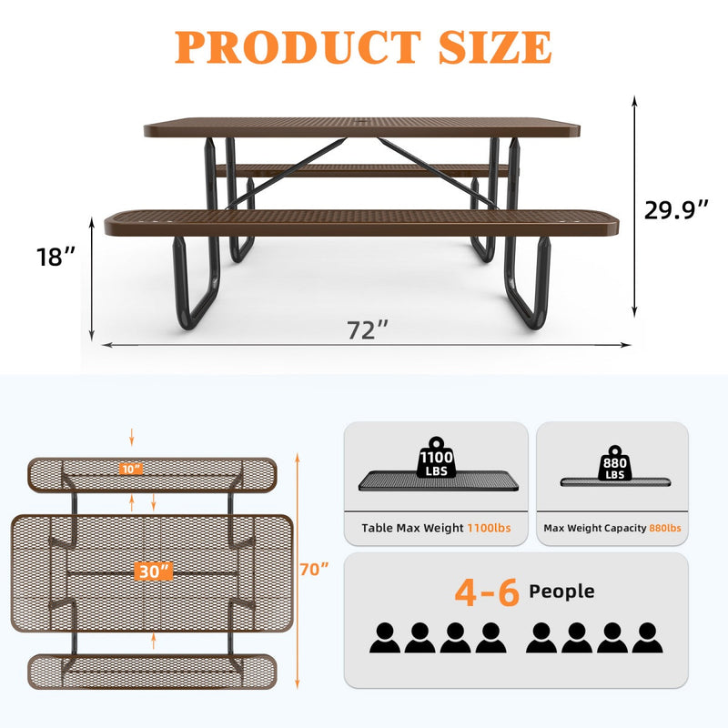 6 ft Metal Picnic Tables for Outdoors, Rectangle Coated Steel Patio Furniture Set